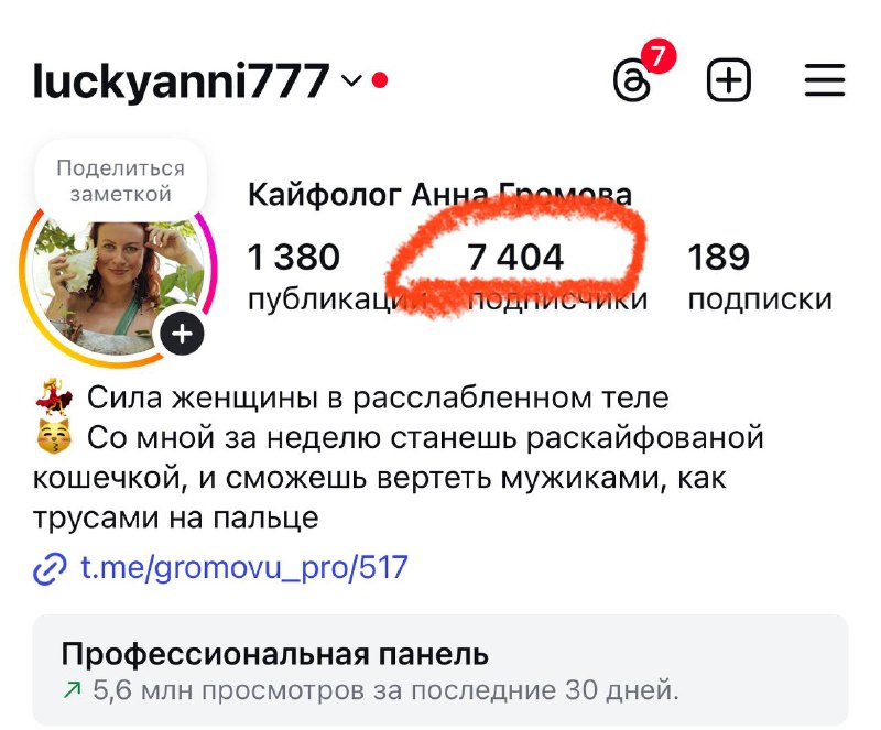 7 404 подписчика и 5,6 млн просмотров, январь 2026